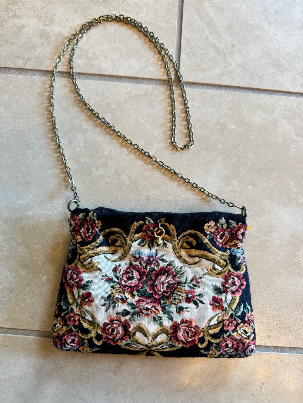 Floral Tapestry Crossbody Bag in Black and Rose
